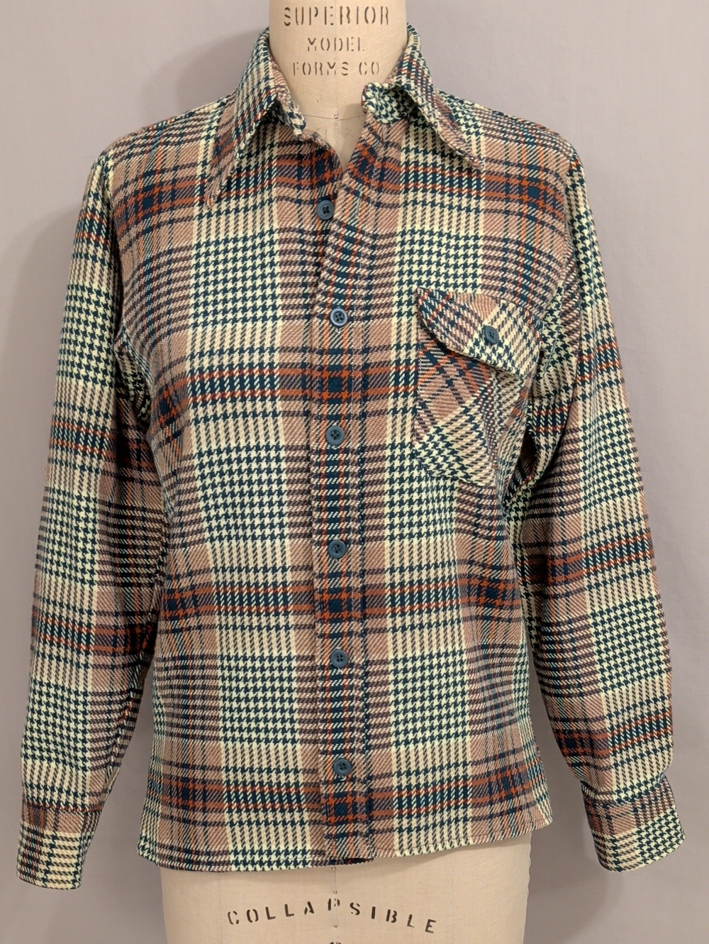 True Vintage Plaid Button Up Shirt Wool Look & Feel Washable Tan Cream & Green